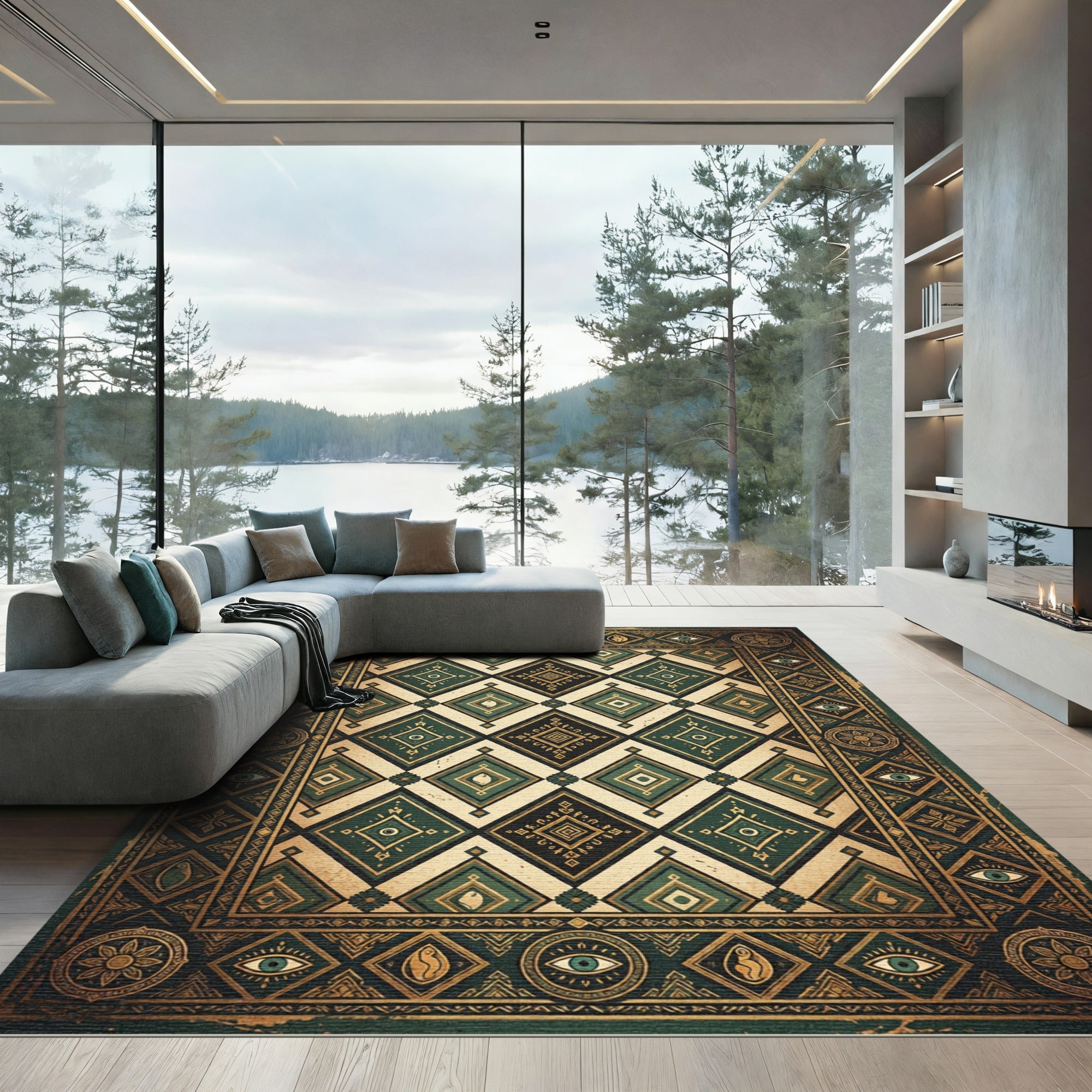 Emerald Gold Eye Diamond Intricate Rug
