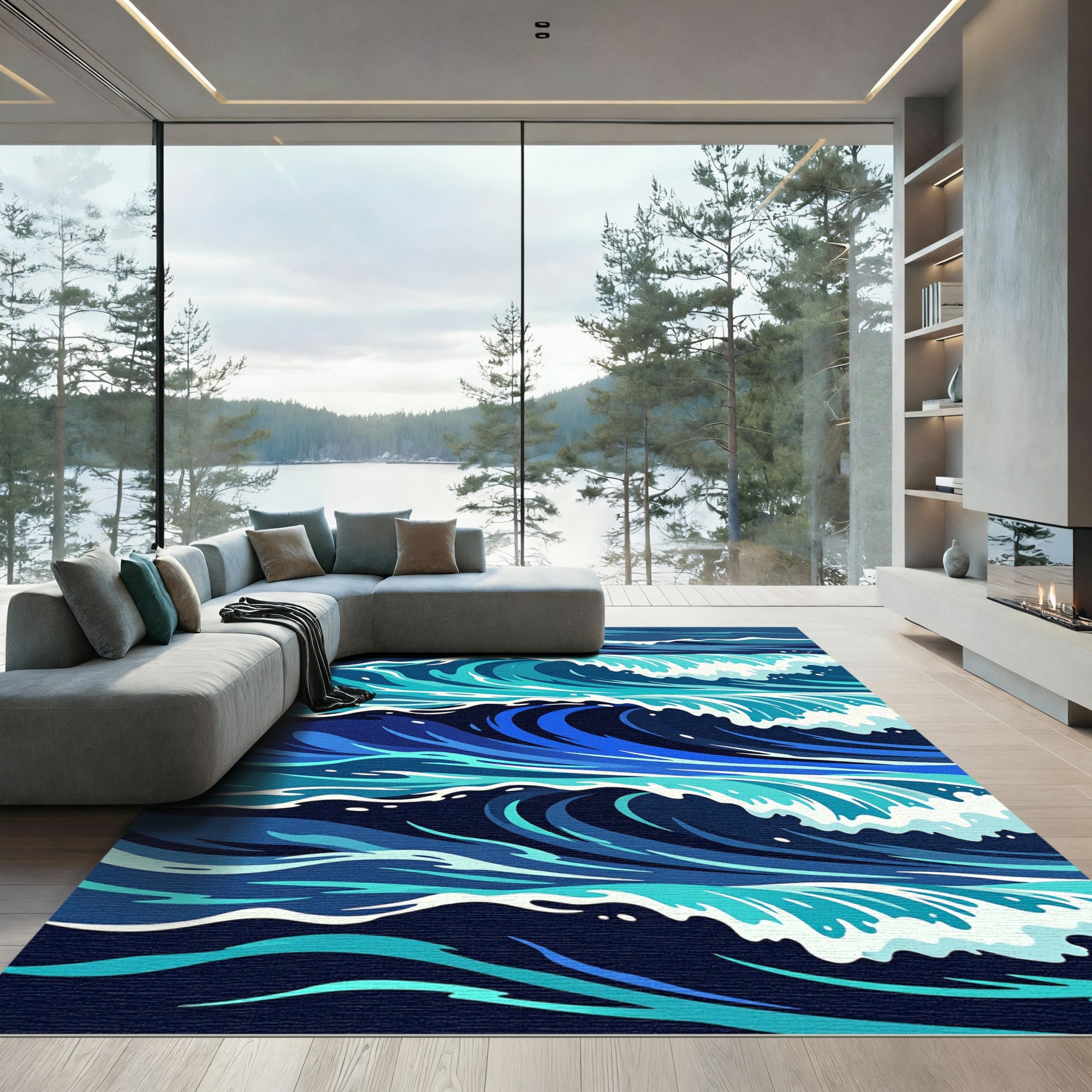 Deep Blue Ocean Wave Art Rug