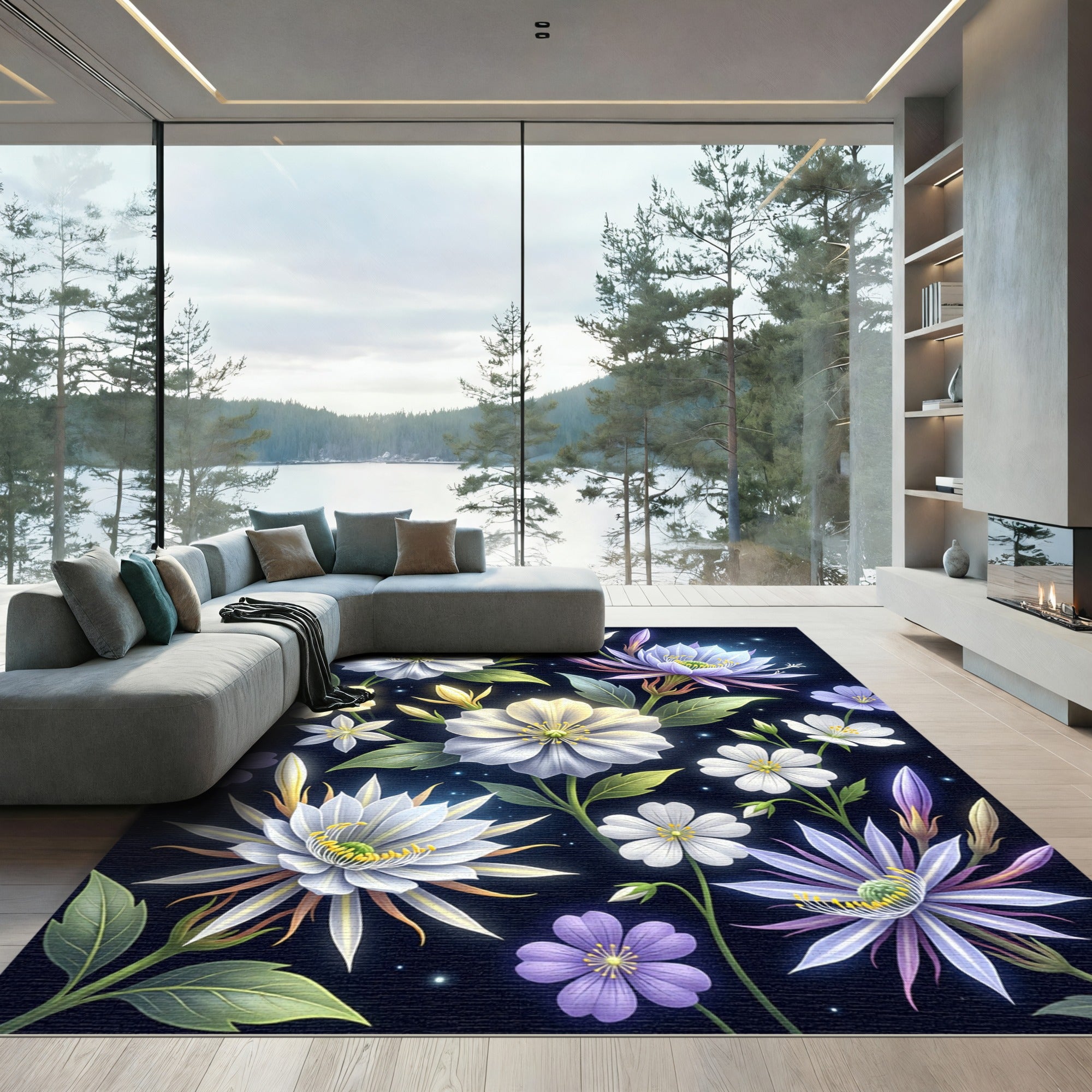 Luminous Celestial Floral Midnight Garden Rug
