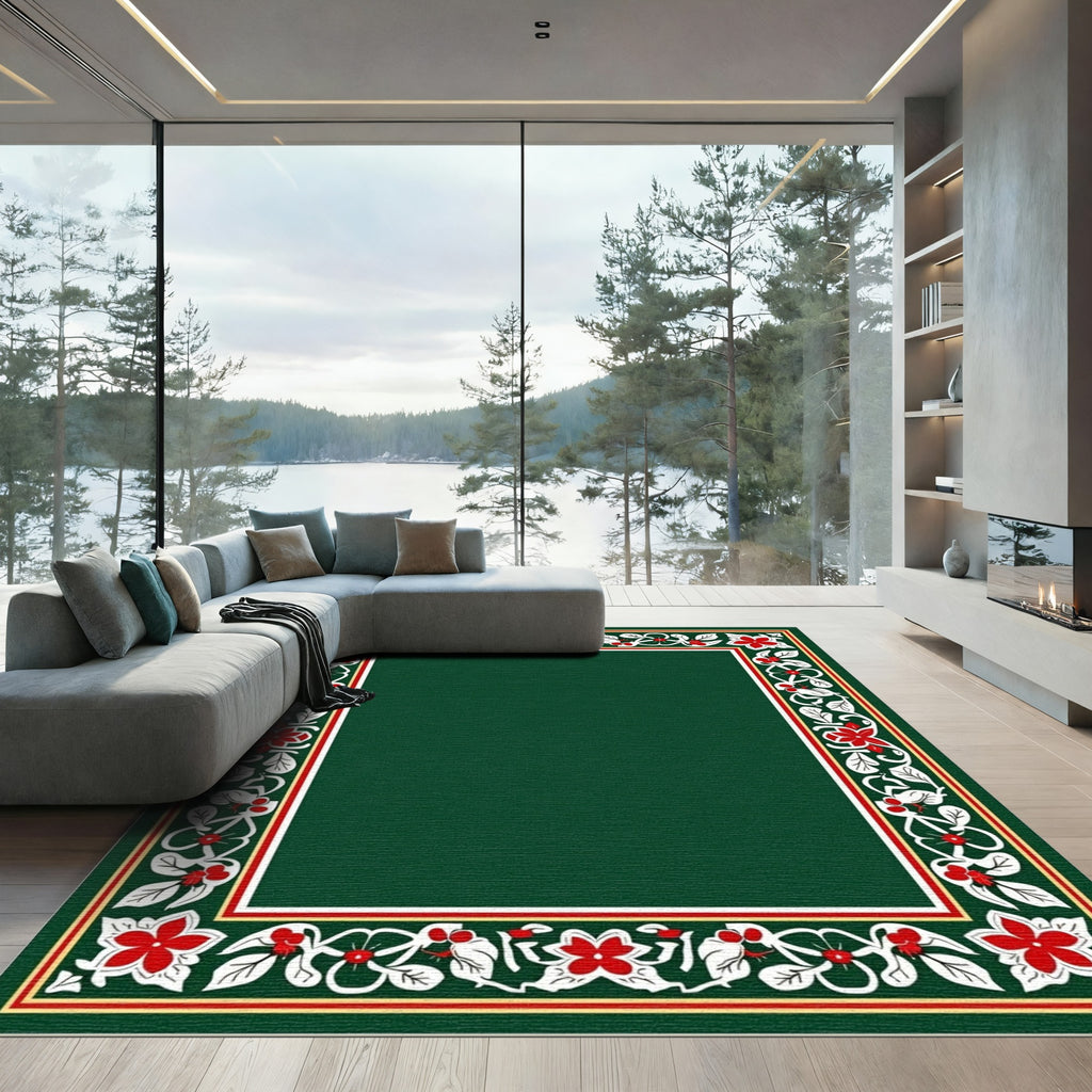 Elegant Red Floral Green Border Rug