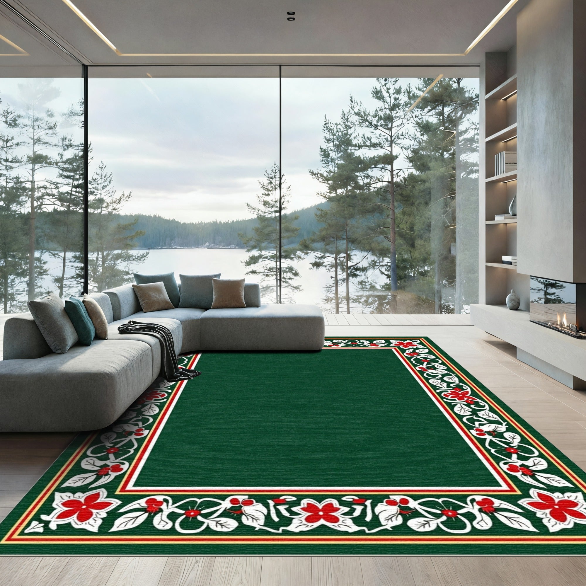 Elegant Red Floral Green Border Rug
