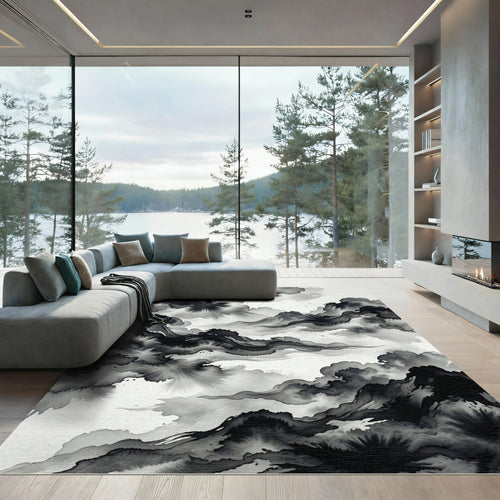 Abstract Monochrome Ink Wash Mountain Landscape Rug