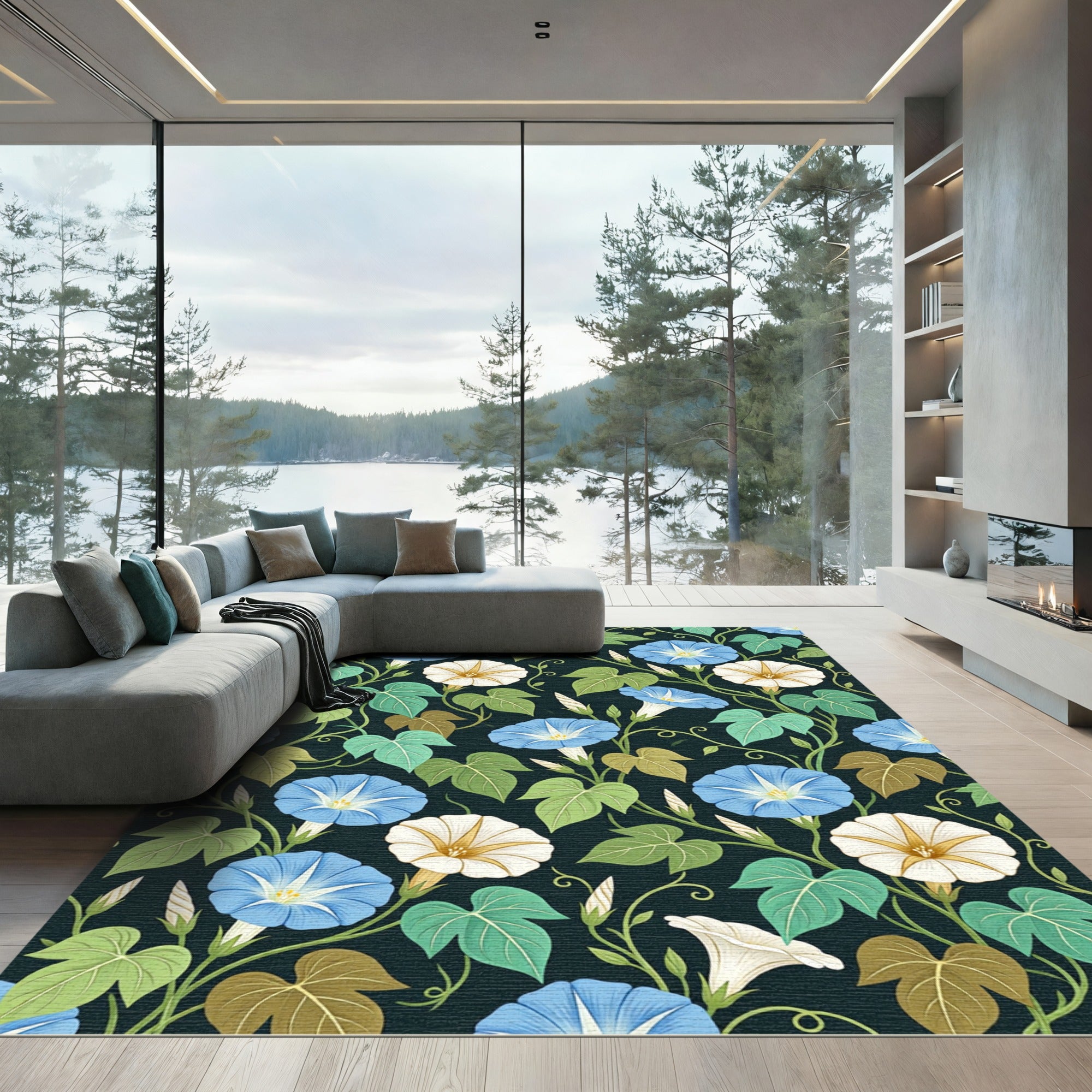 Blue White Morning Glory Vines Rug
