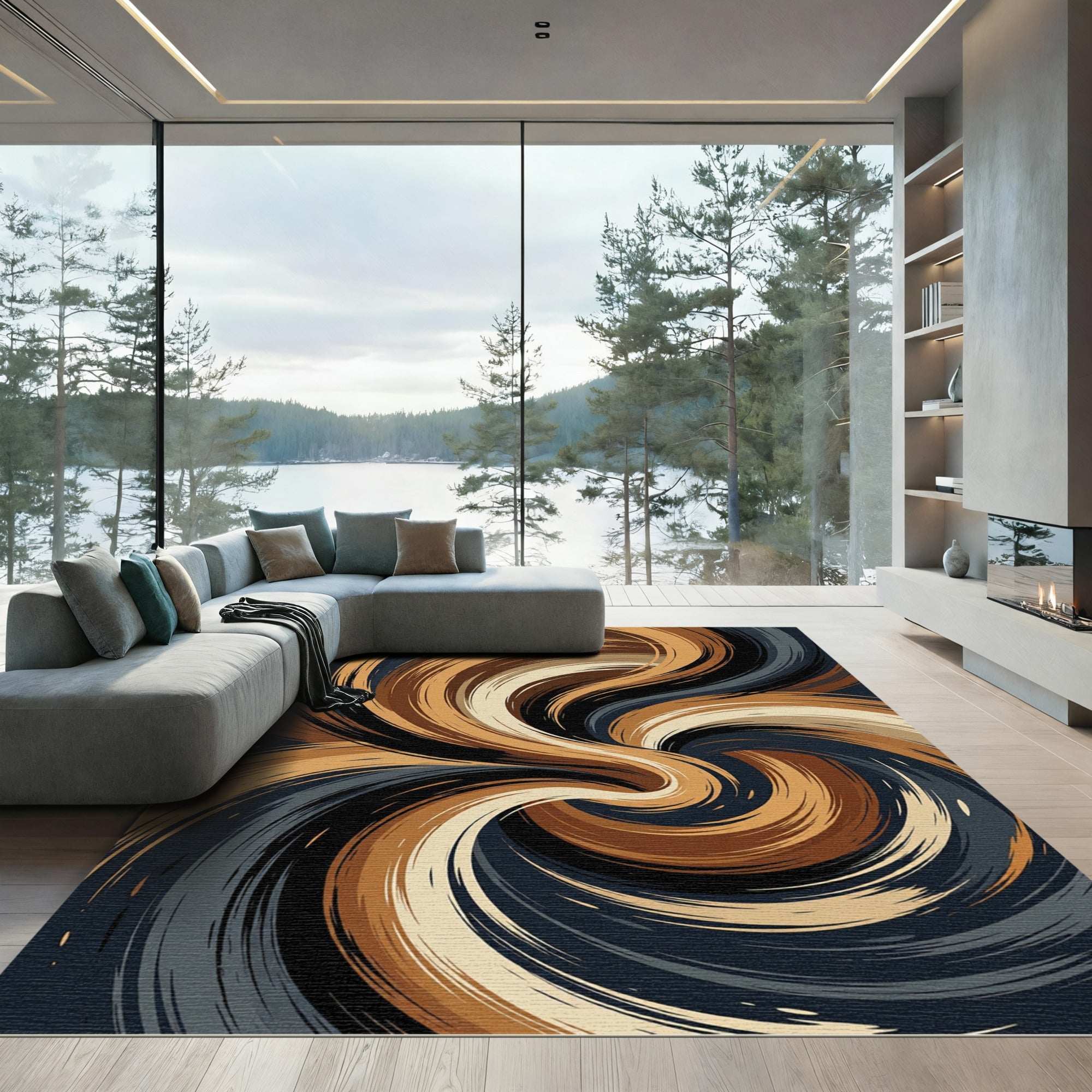 Modern Earthy Swirl Abstract Vortex Rug