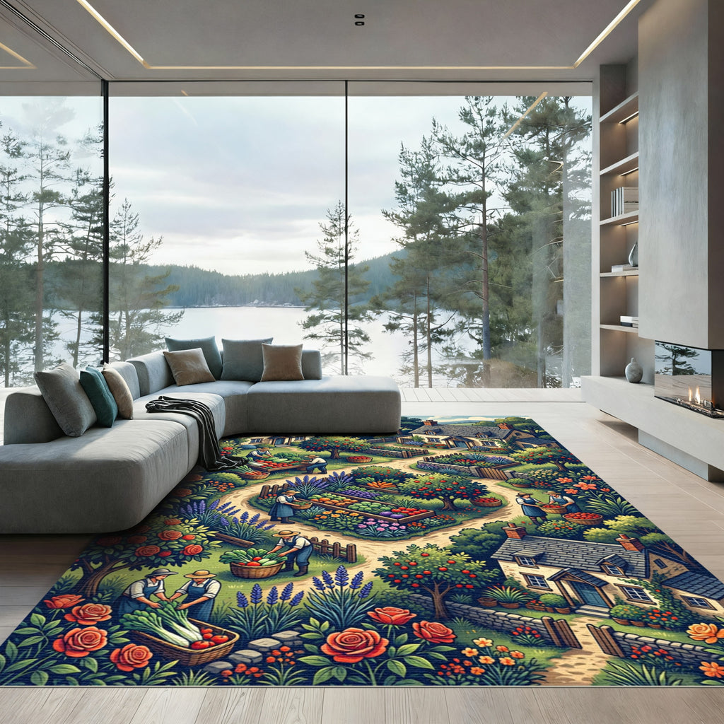 Enchanted Pastoral Orchard Garden Scene Rug