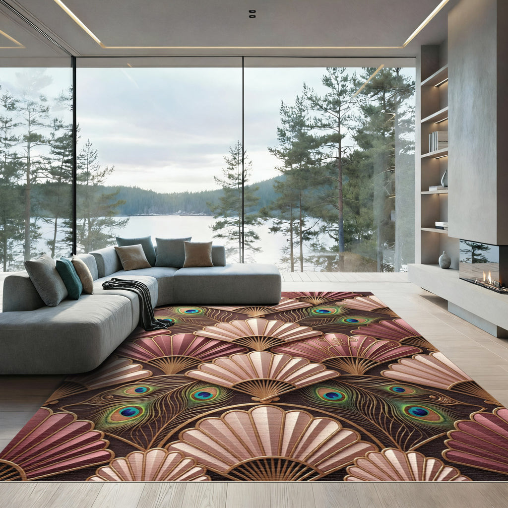 Art Deco Fan Peacock Feather Arrangement Rug