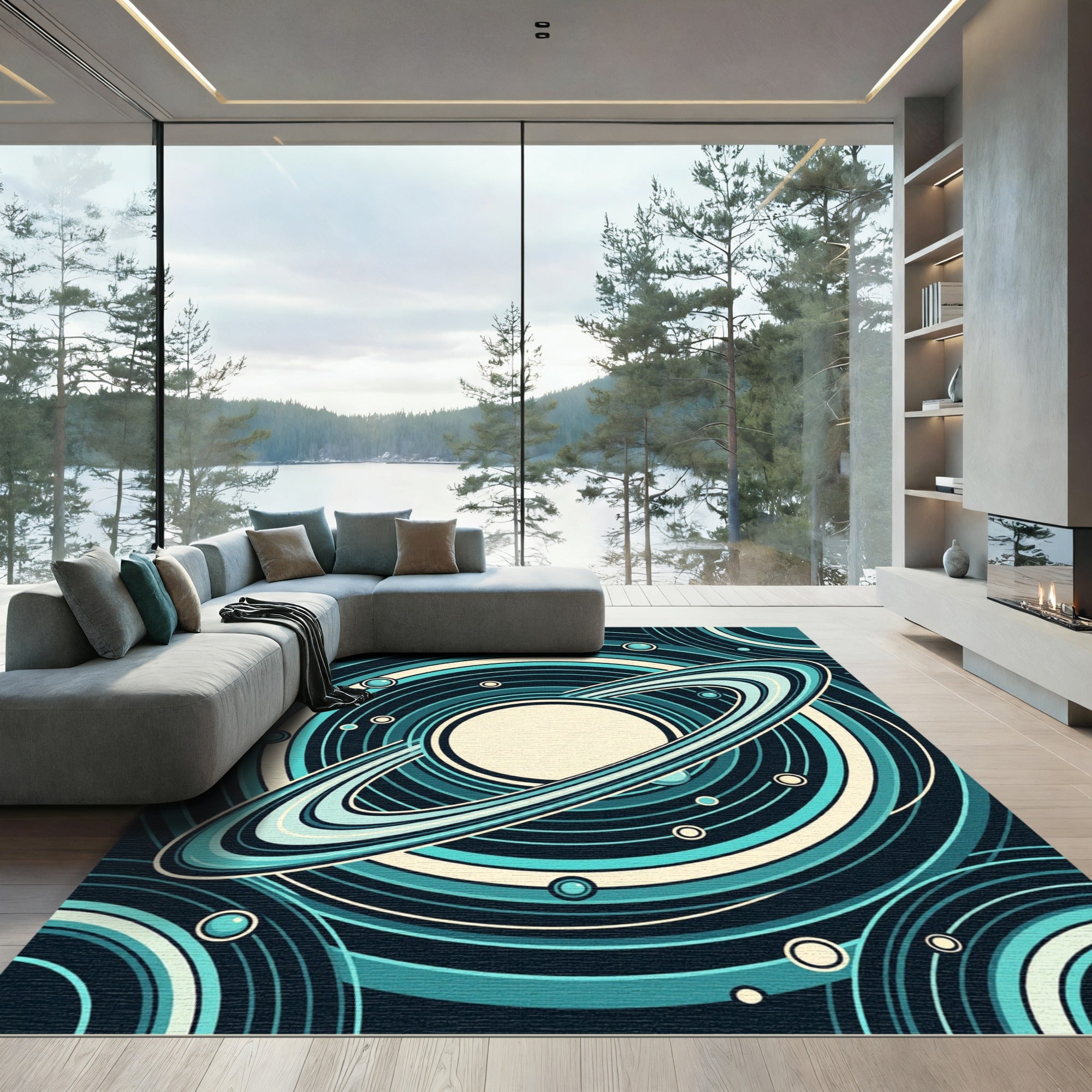 Teal Cosmic Ringed Planet Circular Rug