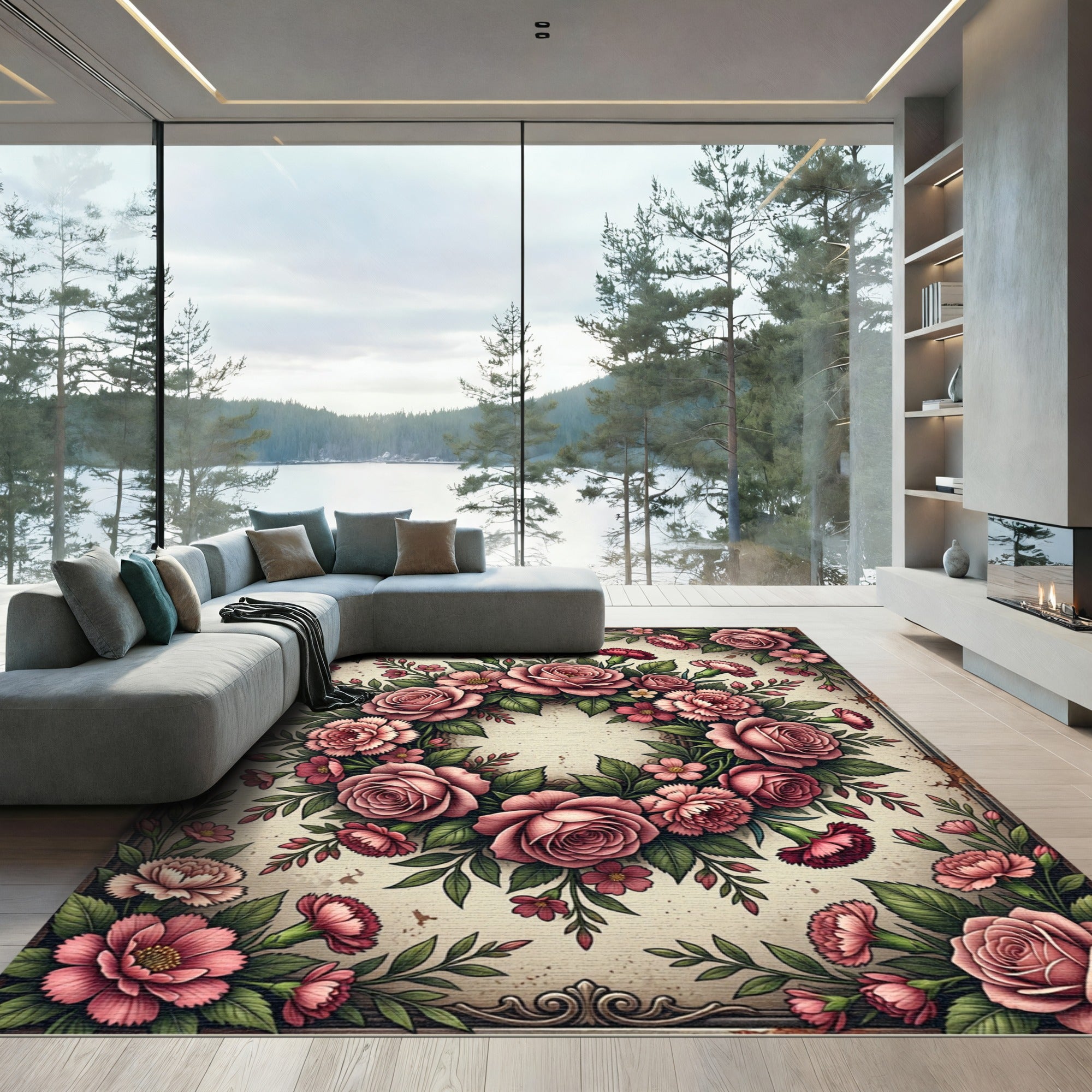 Vintage Blush Rose Floral Wreath Rug
