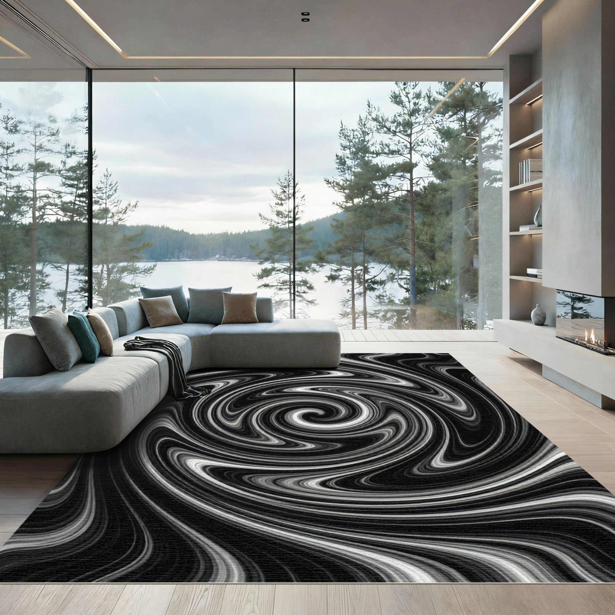 Black White Fluid Motion Art Rug