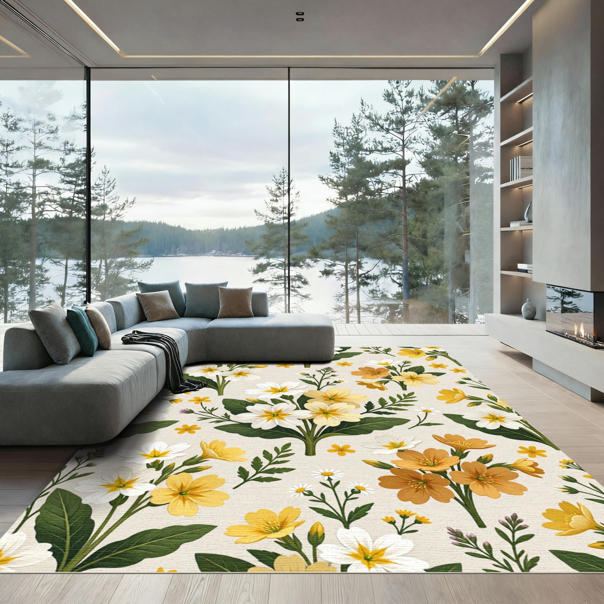 Botanical Cream Yellow White Primrose Rug