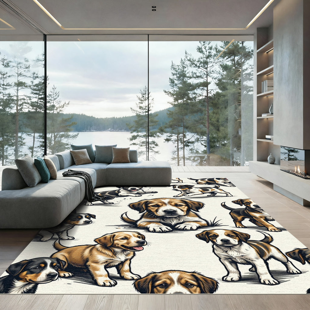 Playful Brown and Black Puppy Patchwork Rug