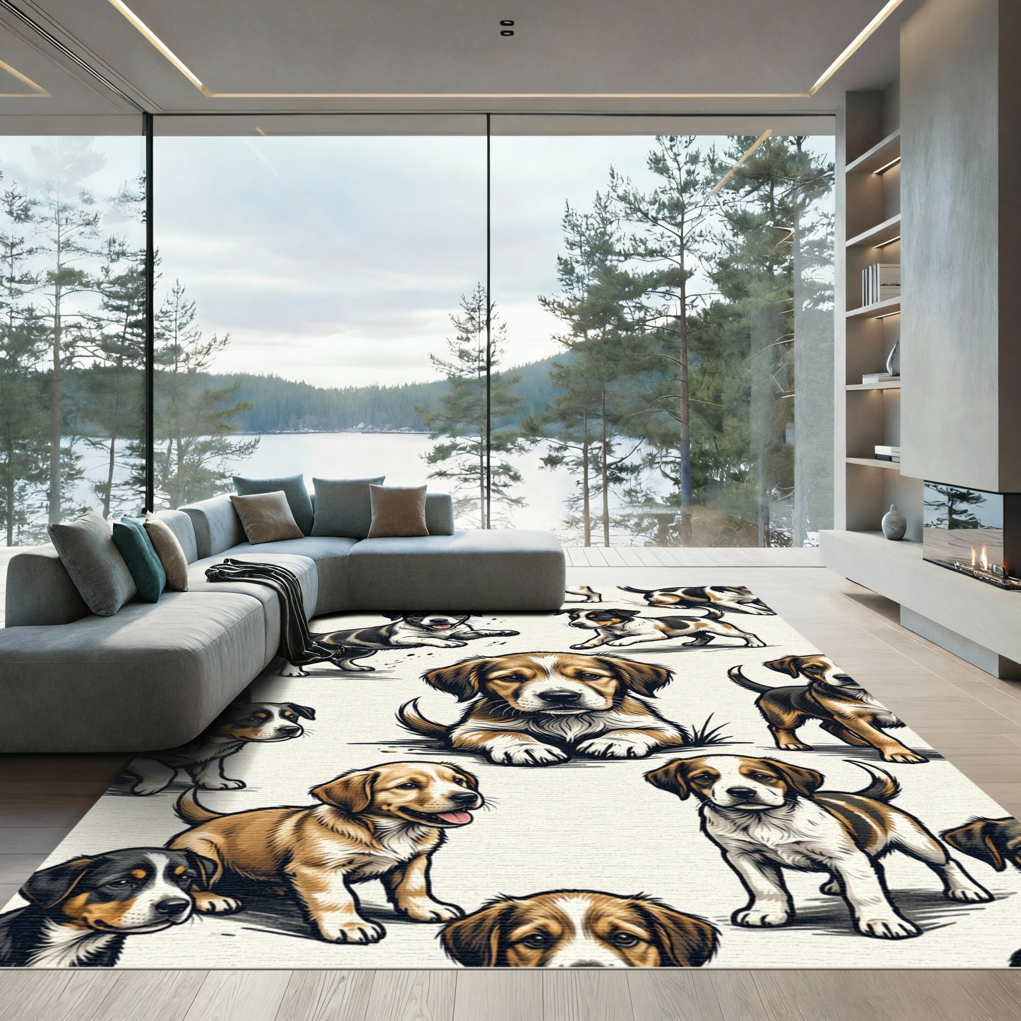 Playful Brown and Black Puppy Patchwork Rug