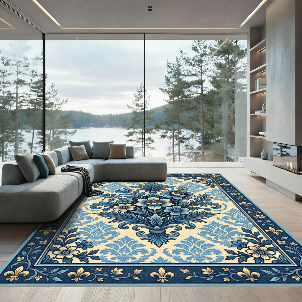 Royal Blue Floral Damask Botanical Rug