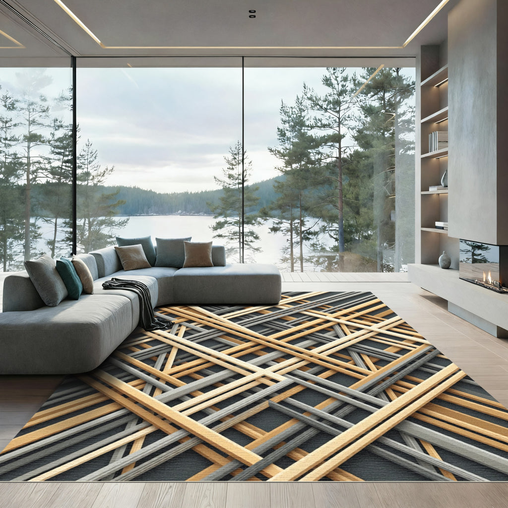 Modern Golden Gray Linear Grid Rug