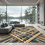 Modern Golden Gray Linear Grid Rug
