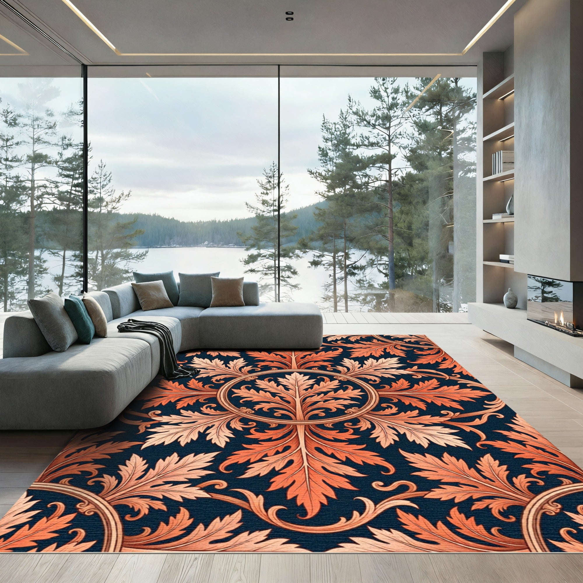 Coral Leaf Medallion Floral Navy Rug