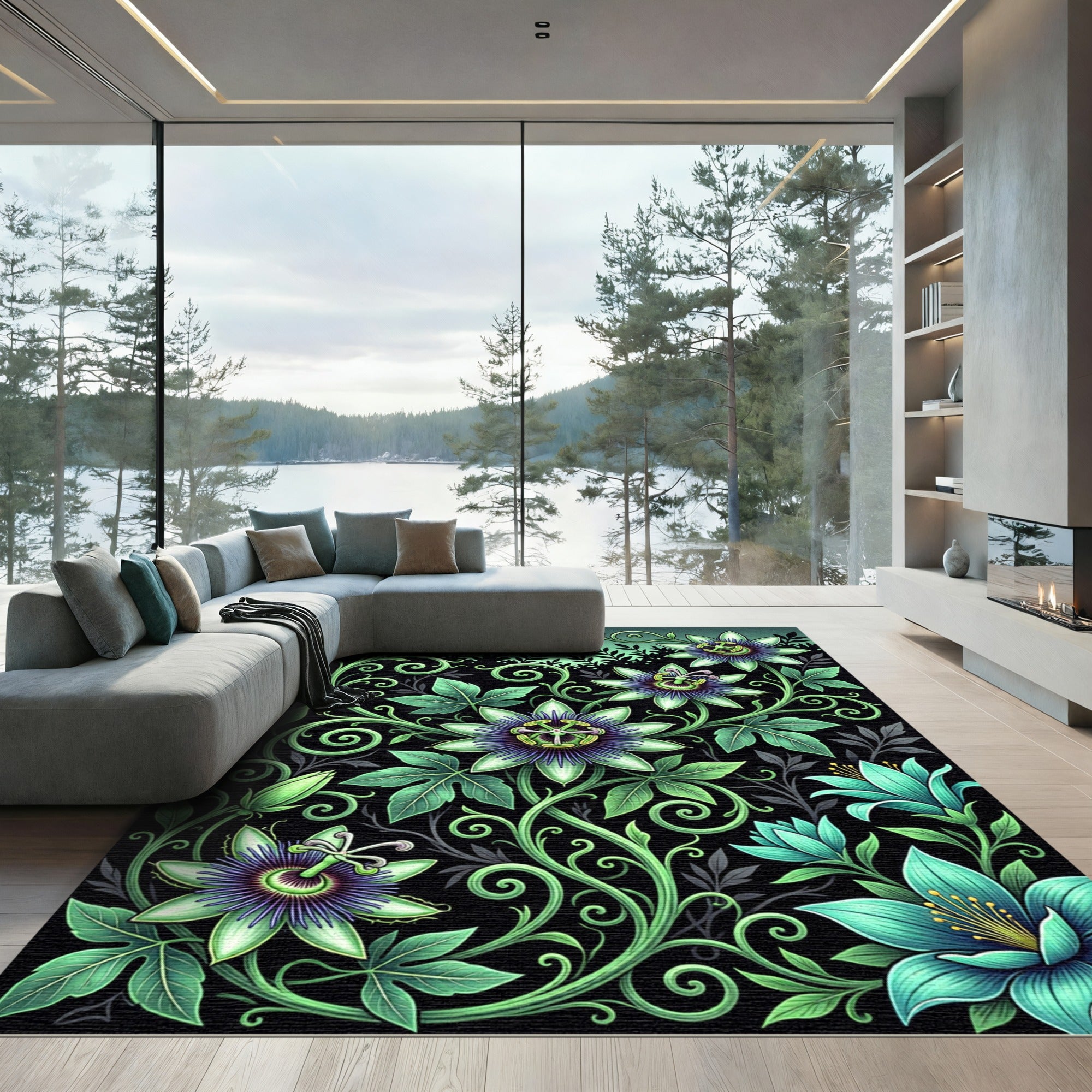 Lush Botanical Passion Flower Vine Rug