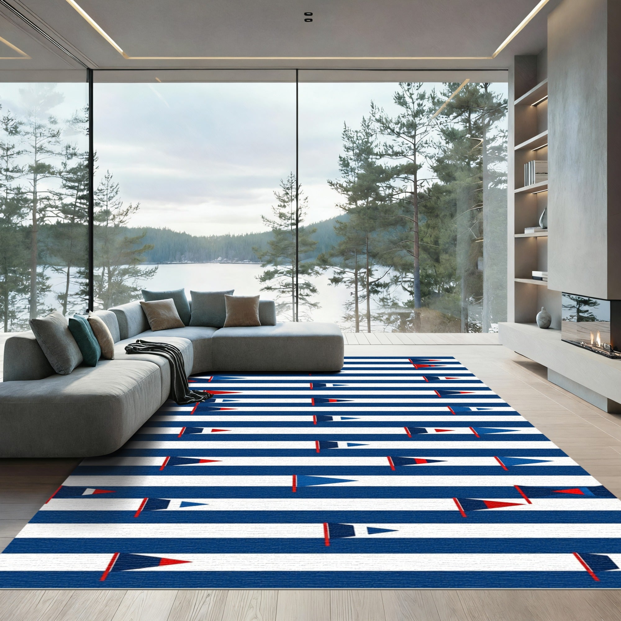 Nautical Red Blue White Stripe Flag Rug
