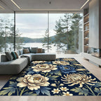 Dark Blue Cream Floral Chinoiserie Garden Rug