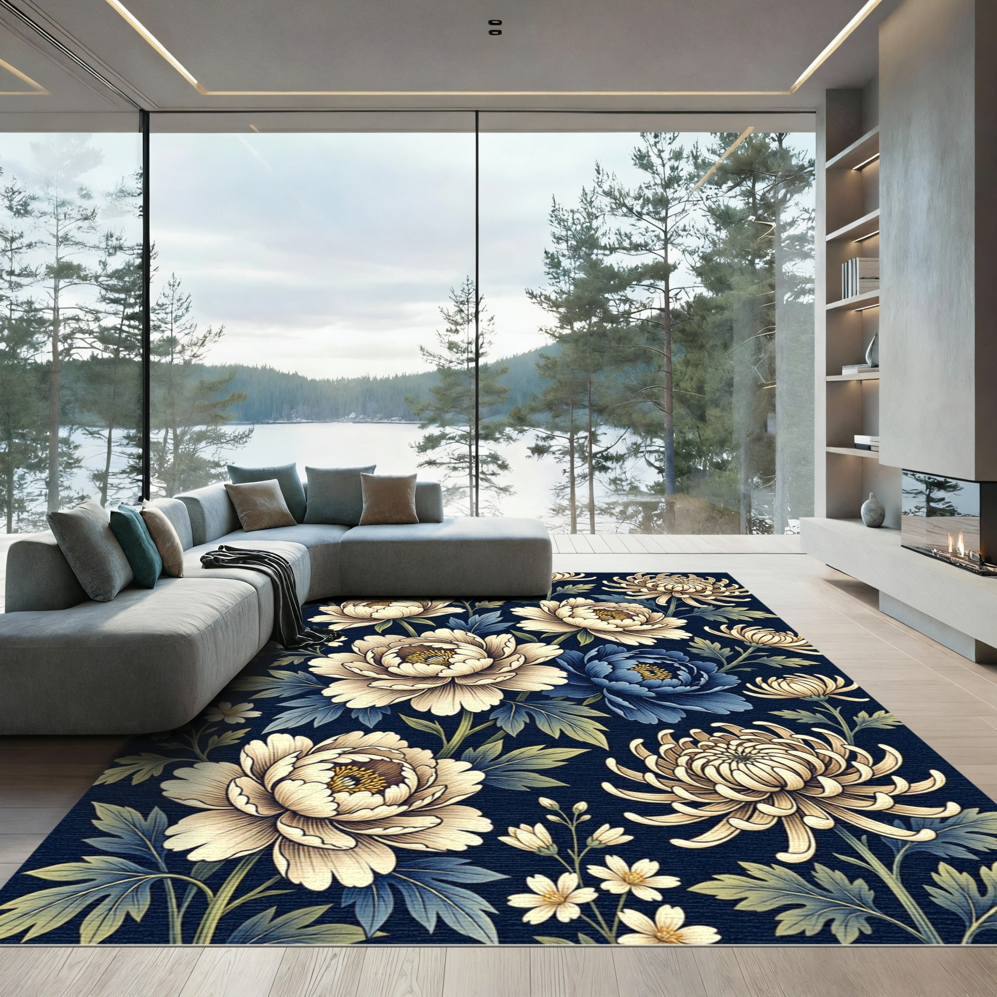 Dark Blue Cream Floral Chinoiserie Garden Rug