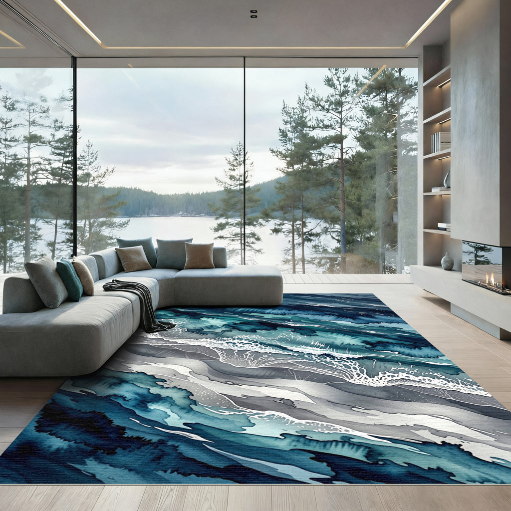 Abstract Teal Ocean Wave Fluid Rug