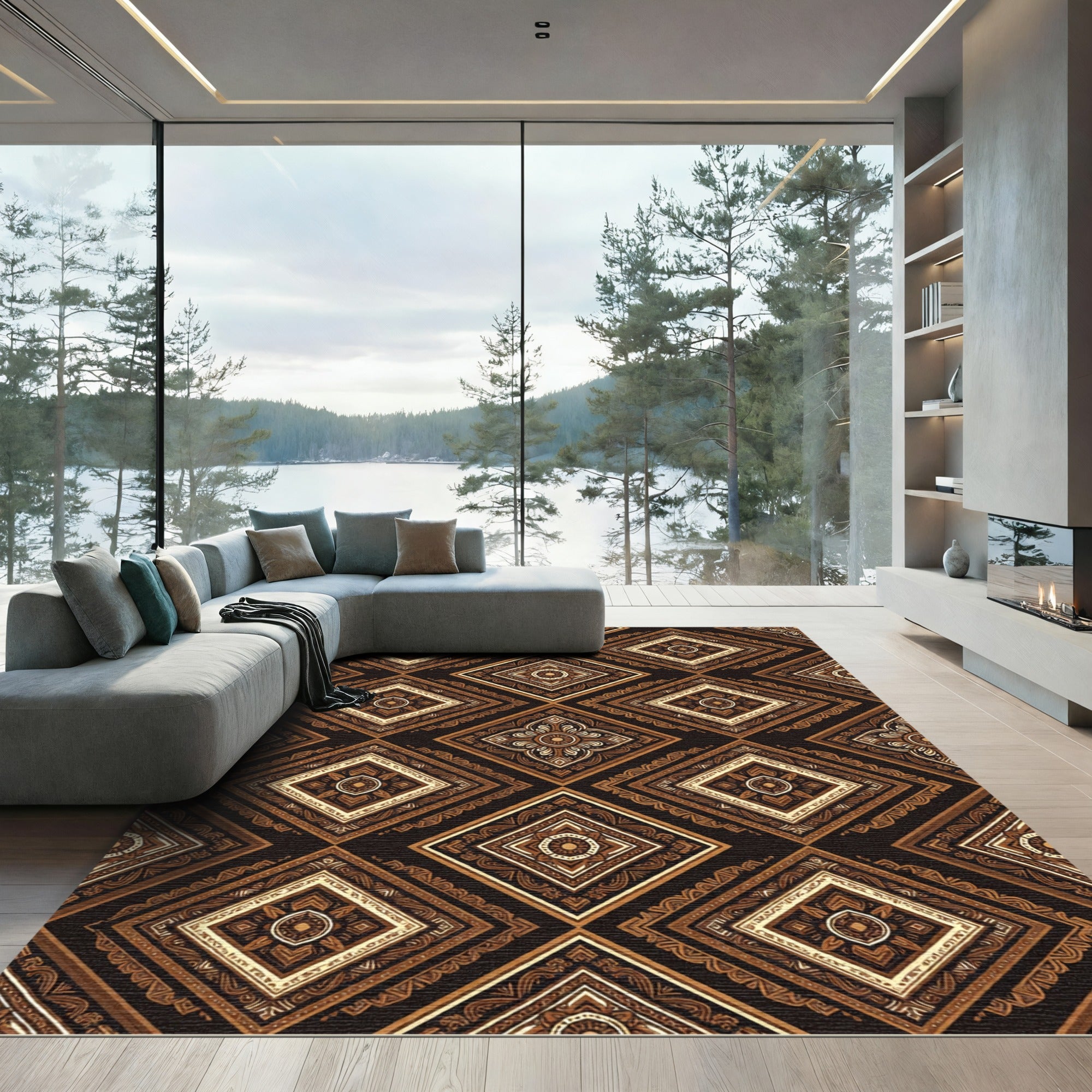 Elegant Brown Earthy Geometric Diamond Rug