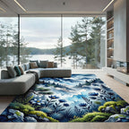 Misty Blue Mountain Waterfall Forest Flora Rug