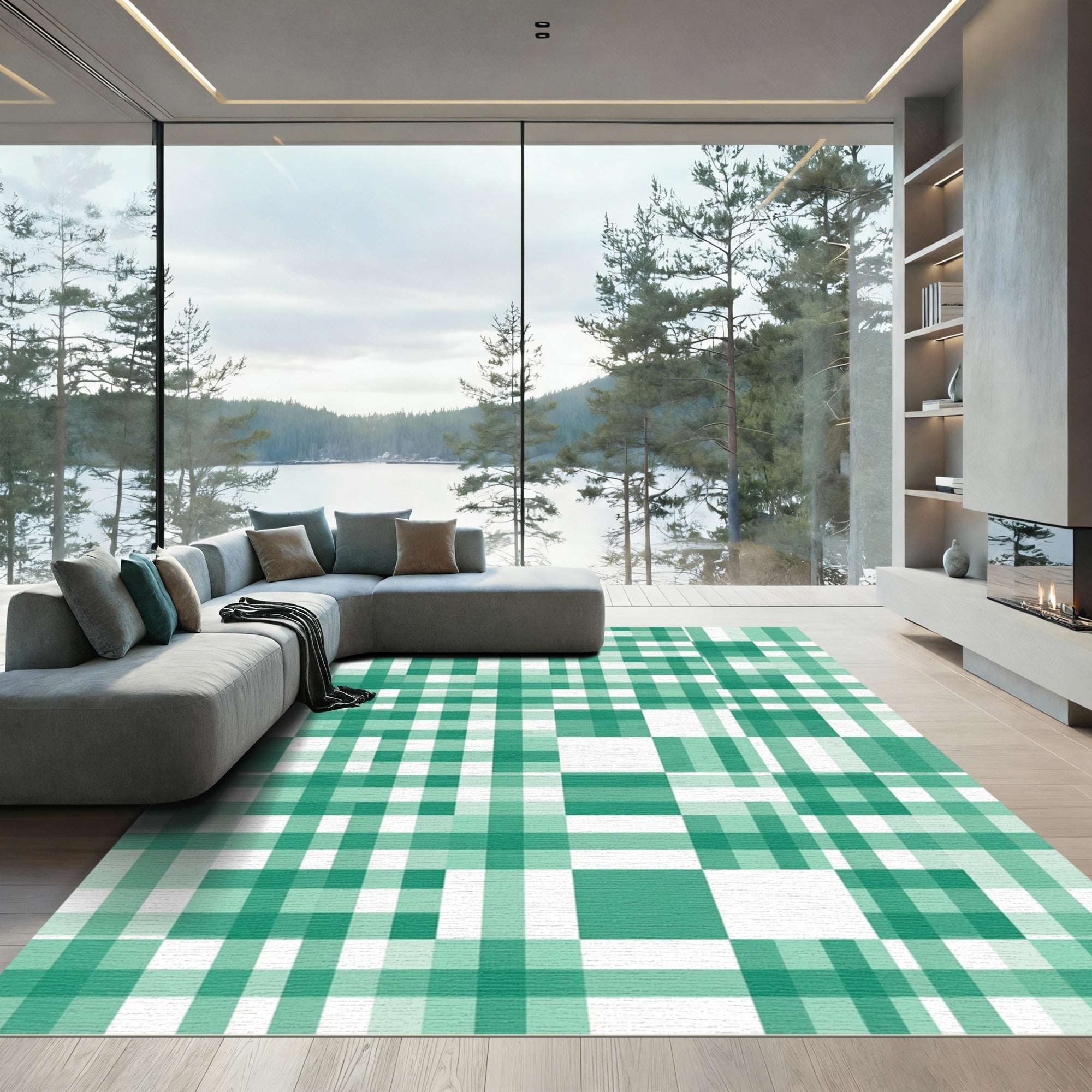 Green White Plaid Geometric Square Arrangement Rug