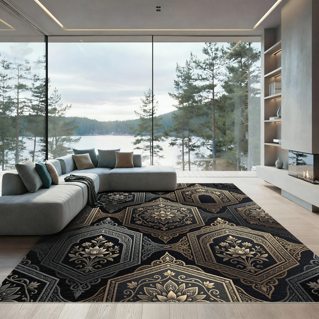 Ornate Golden Hexagon Floral Arrangement Rug