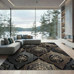 Ornate Golden Hexagon Floral Arrangement Rug