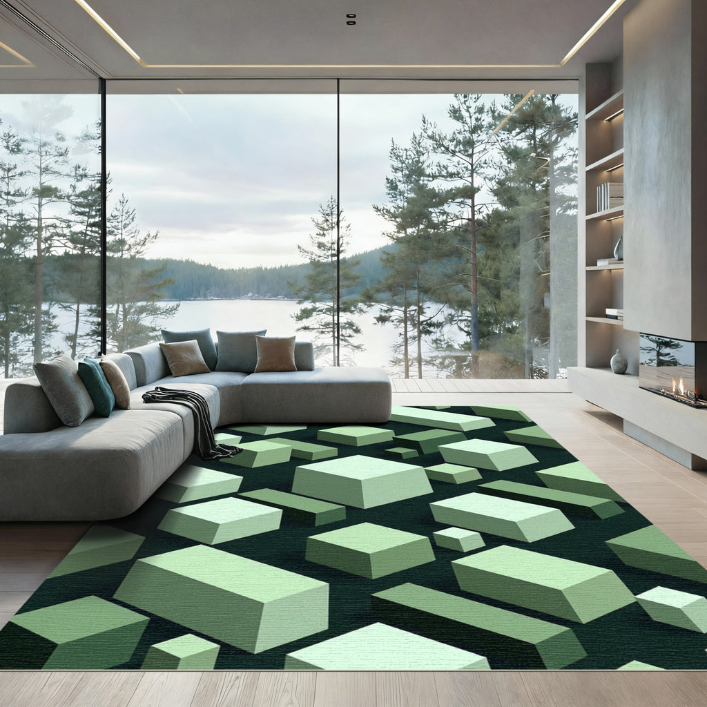 Shades of Green Geometric Cubes Rug