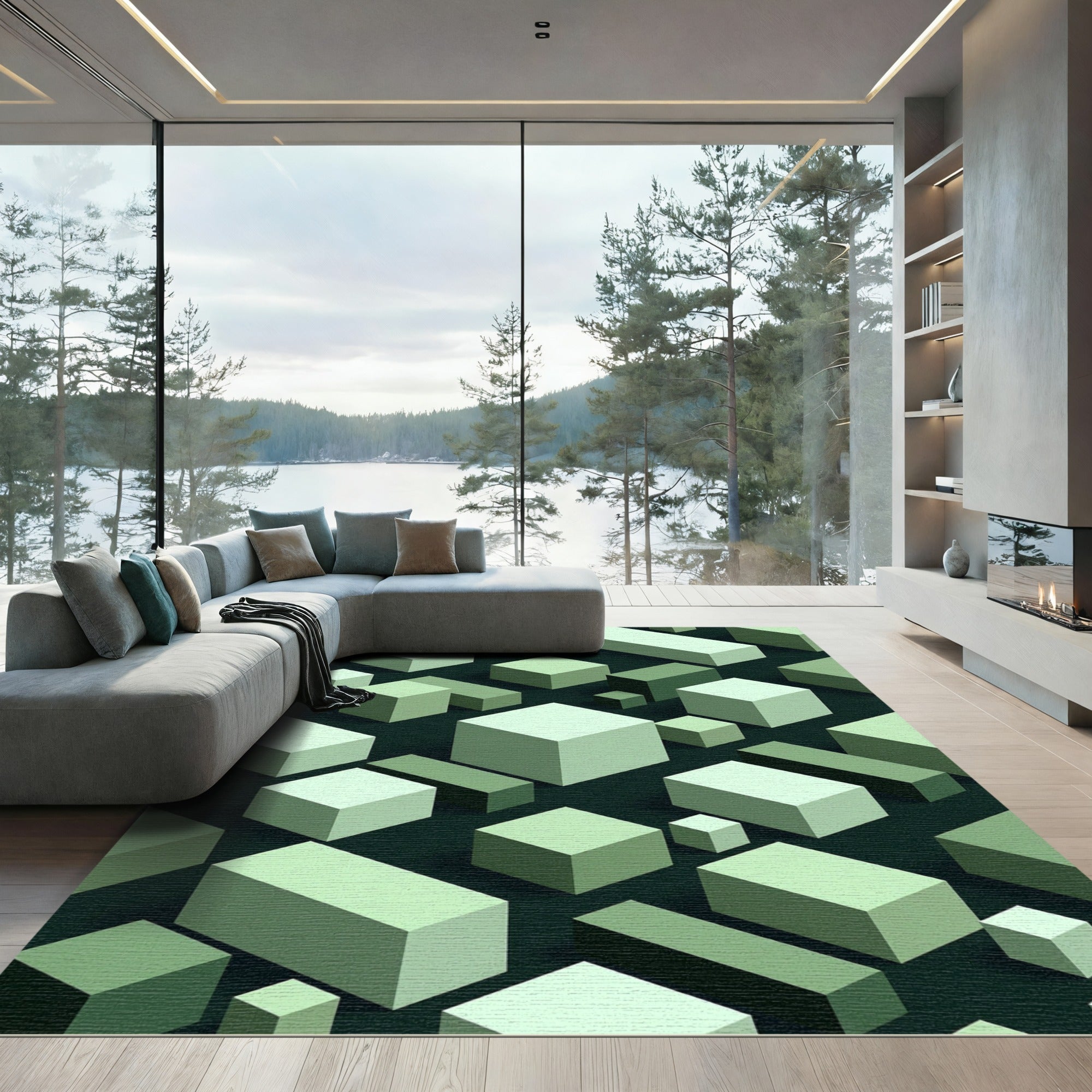 Shades of Green Geometric Cubes Rug
