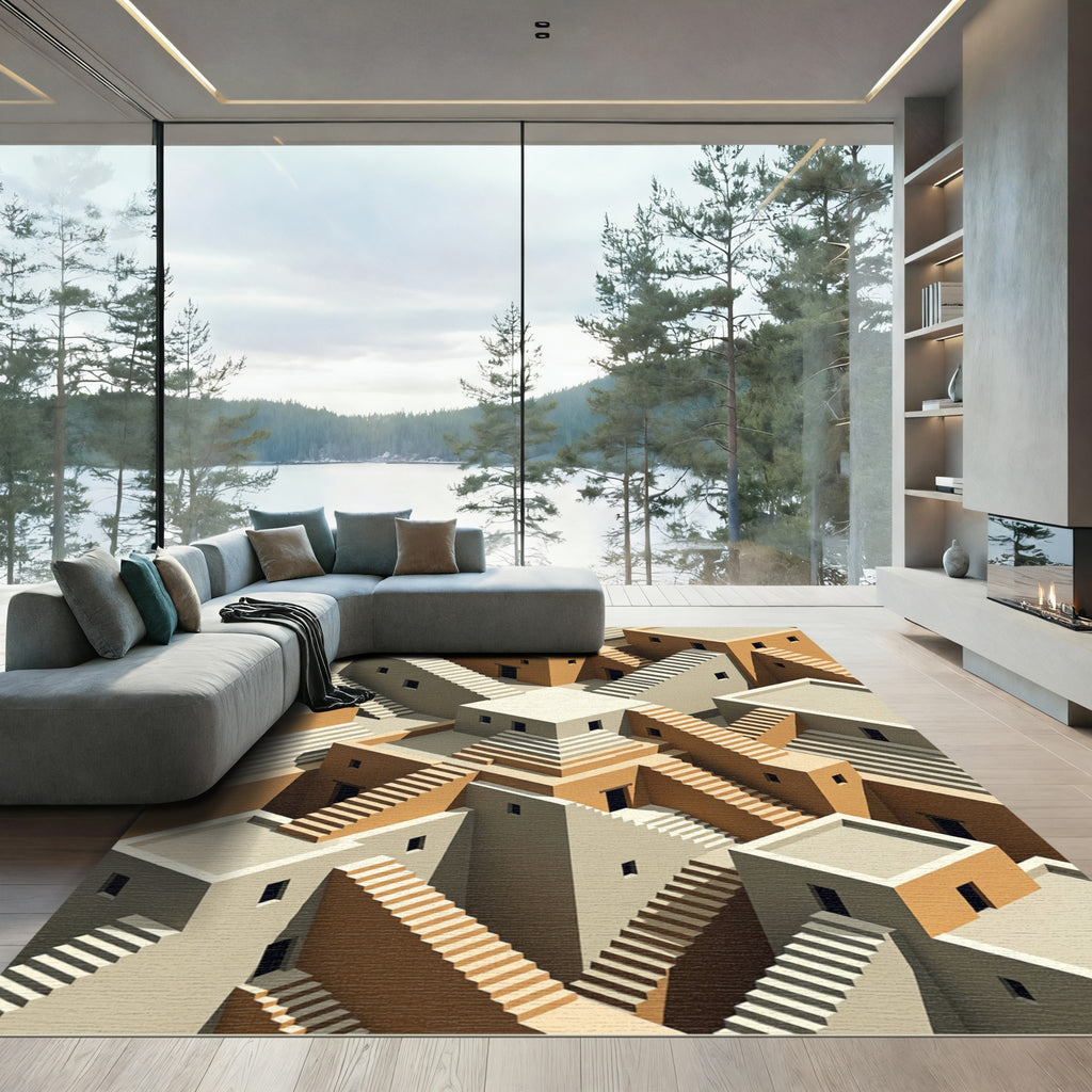 Geometric Illusion Staircase Town Design Rug