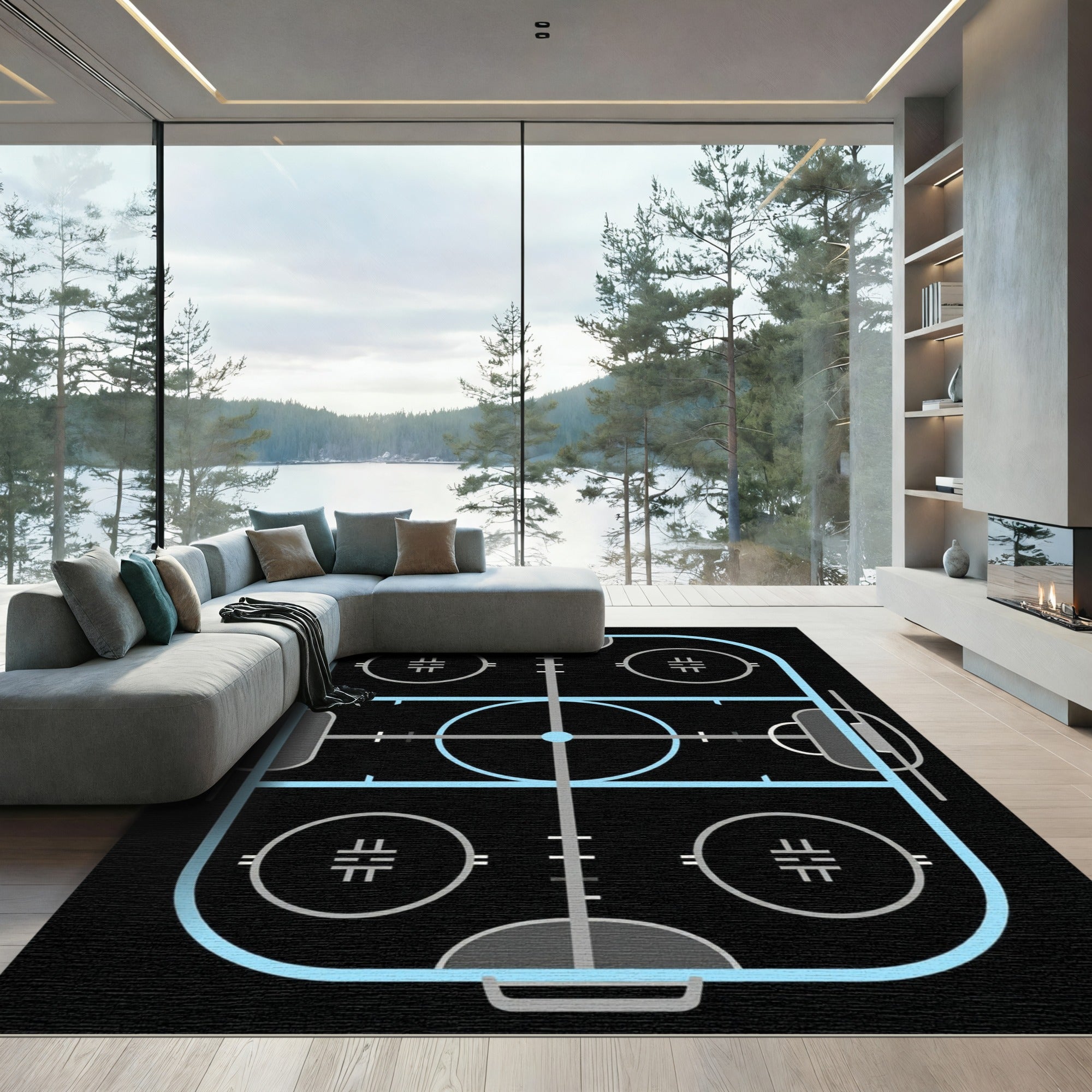 Modern Minimalist Ice Hockey Rink Rug