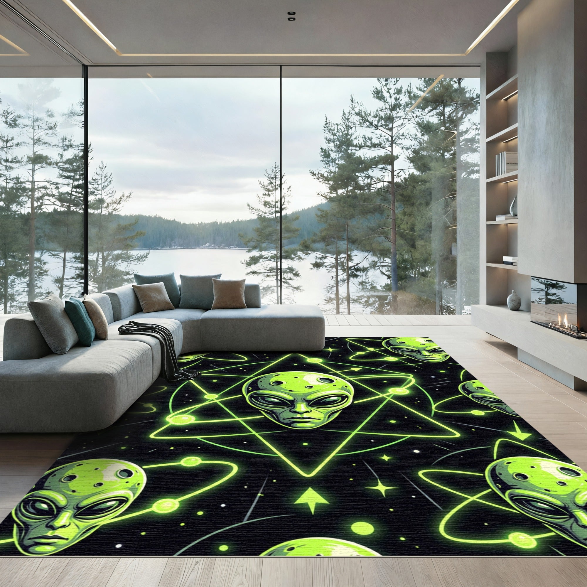 Neon Green Celestial Alien Geometry Rug