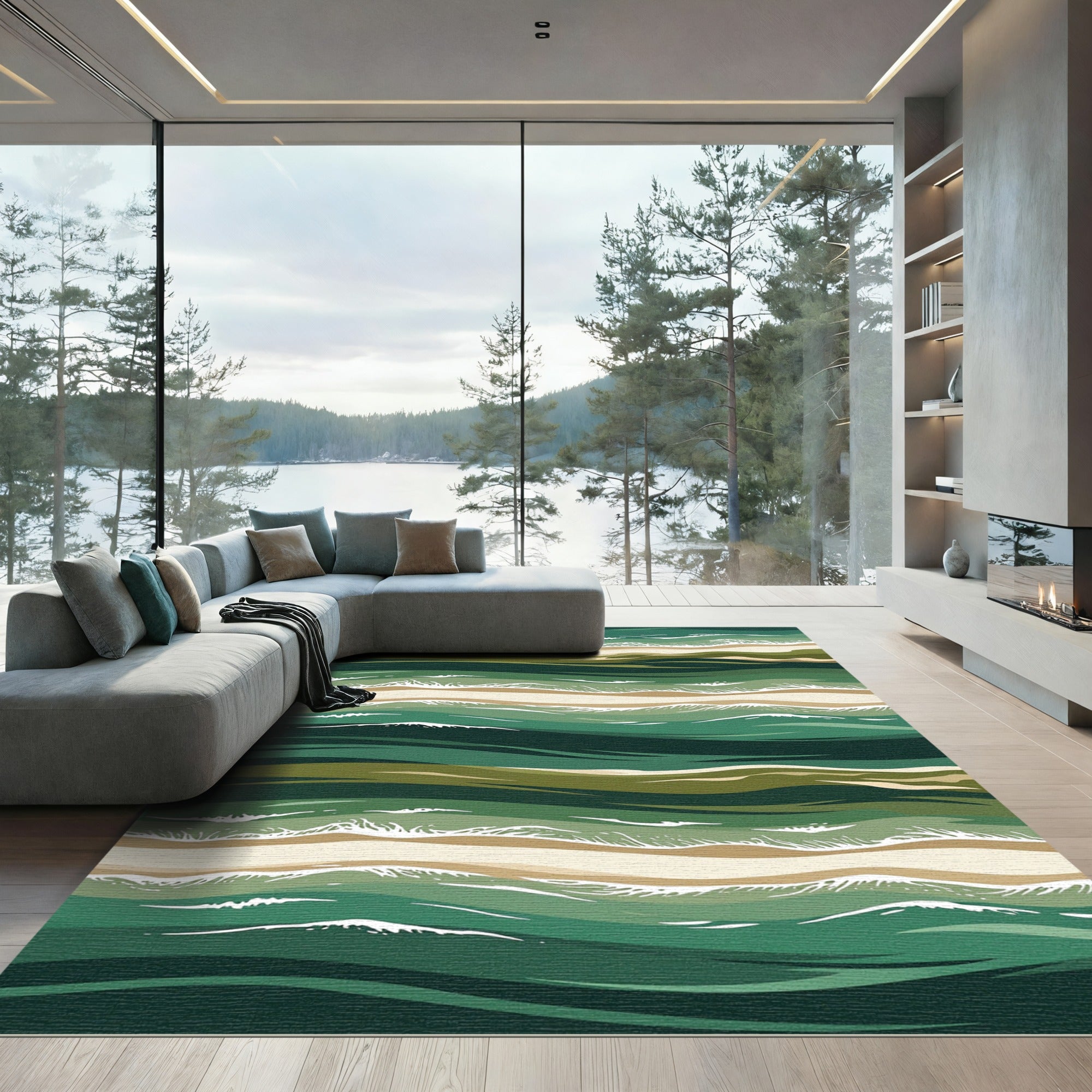 Emerald Green Abstract Ocean Waves Rug