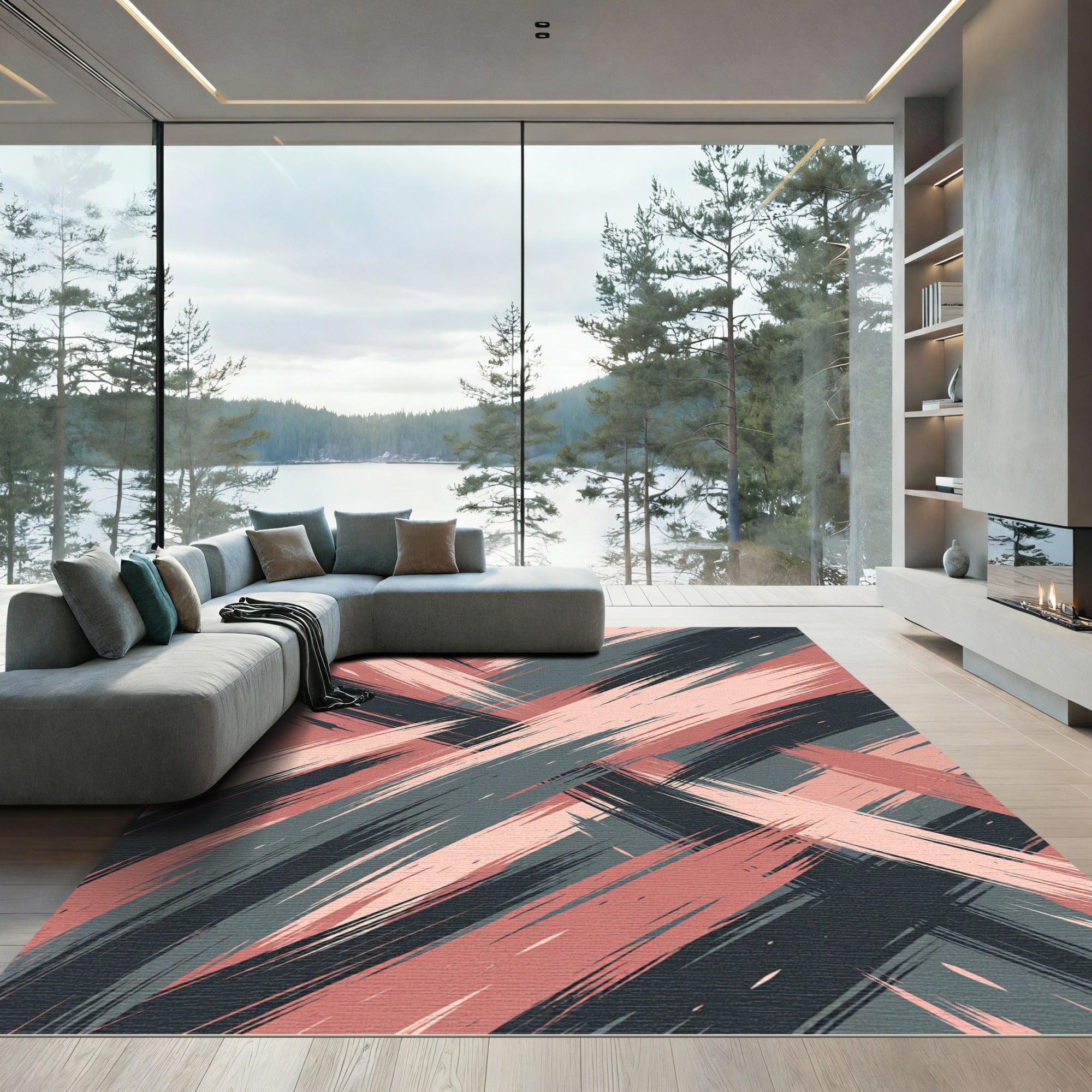 Coral Blush Slate Abstract Brushstrokes Rug