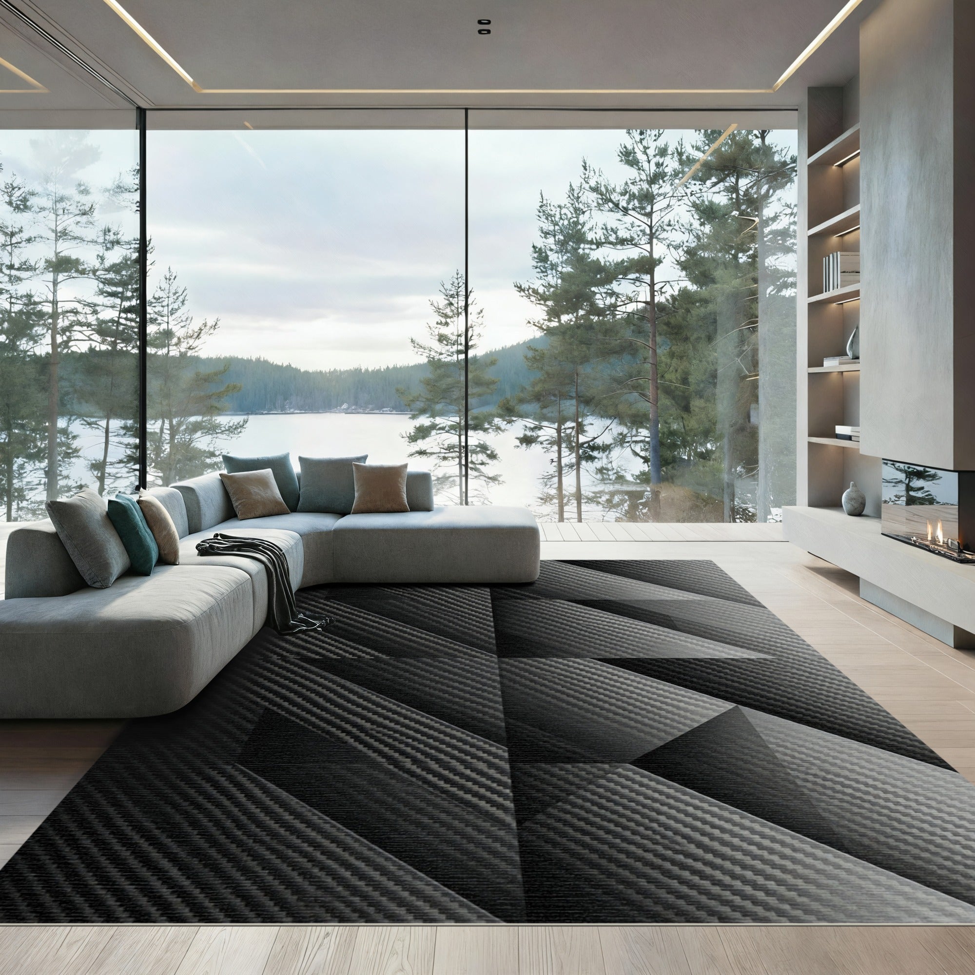Modern Monochrome Carbon Fiber Geometric Rug