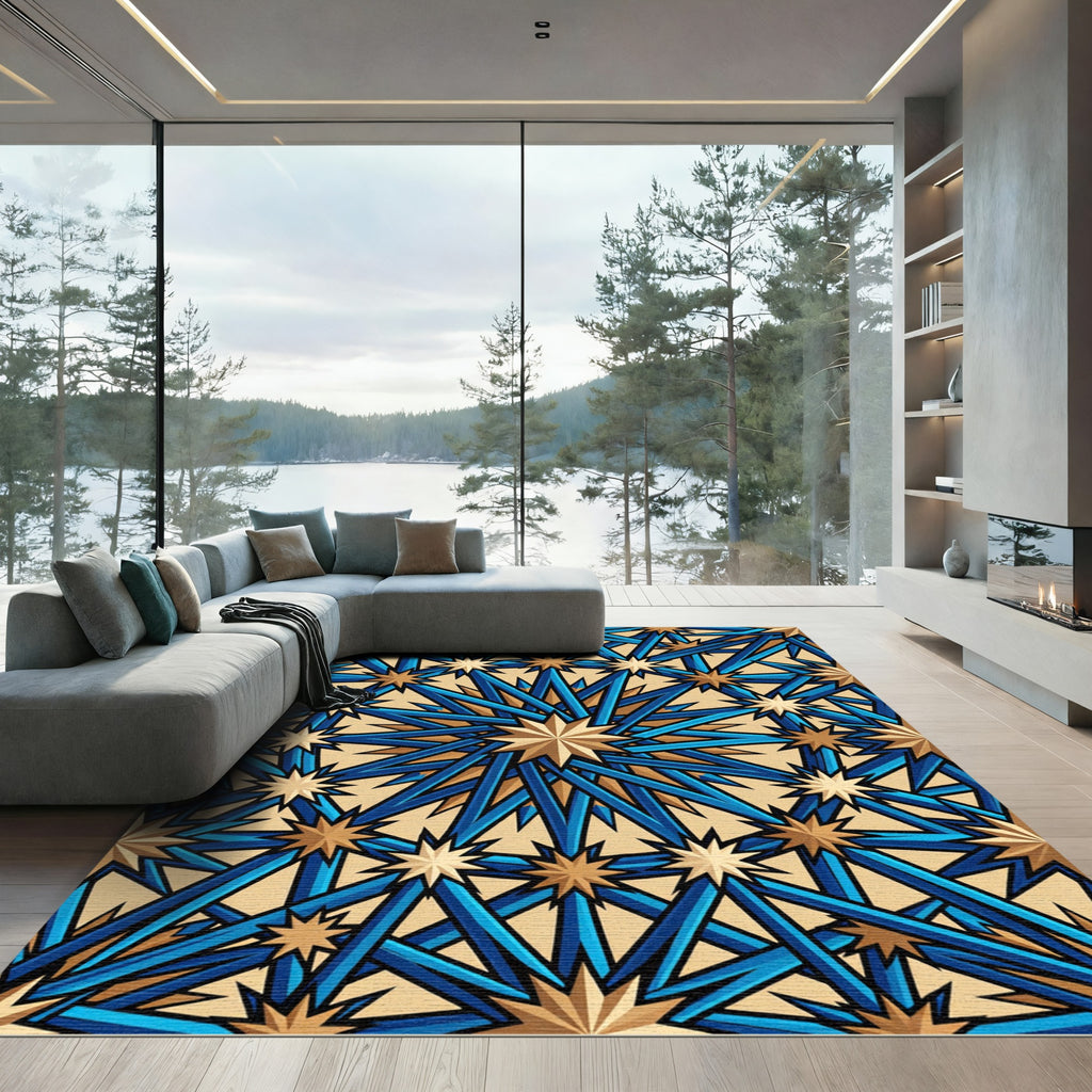 Geometric Starburst Azure and Gold Medallion Rug