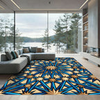 Geometric Starburst Azure and Gold Medallion Rug