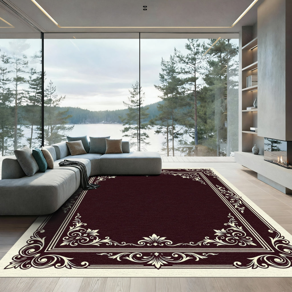 Ornate Cream Flourish Border Rug
