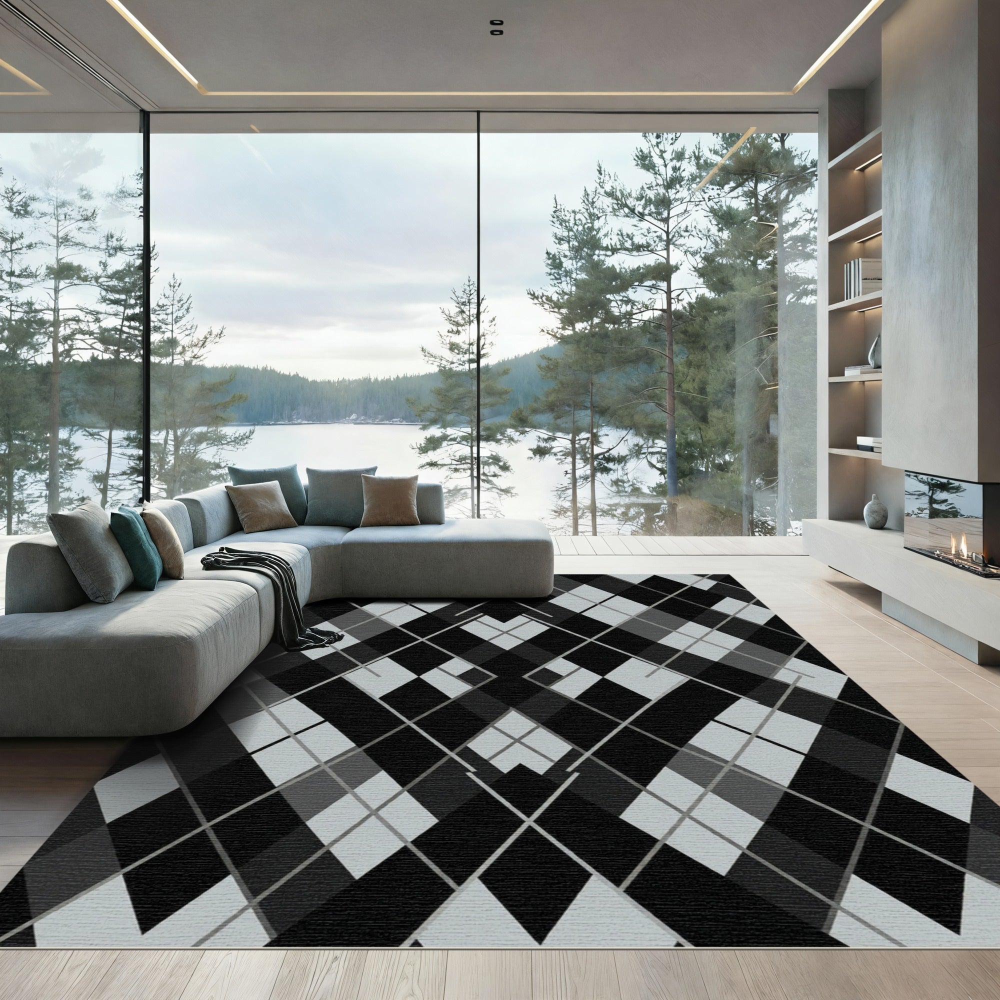 Black Gray Diamond Interlocking Lattice Rug