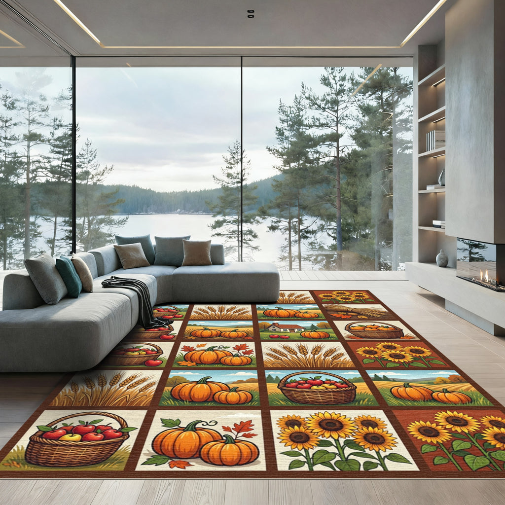 Autumn Harvest Pumpkin Wheat Sunflowers Grid Rug