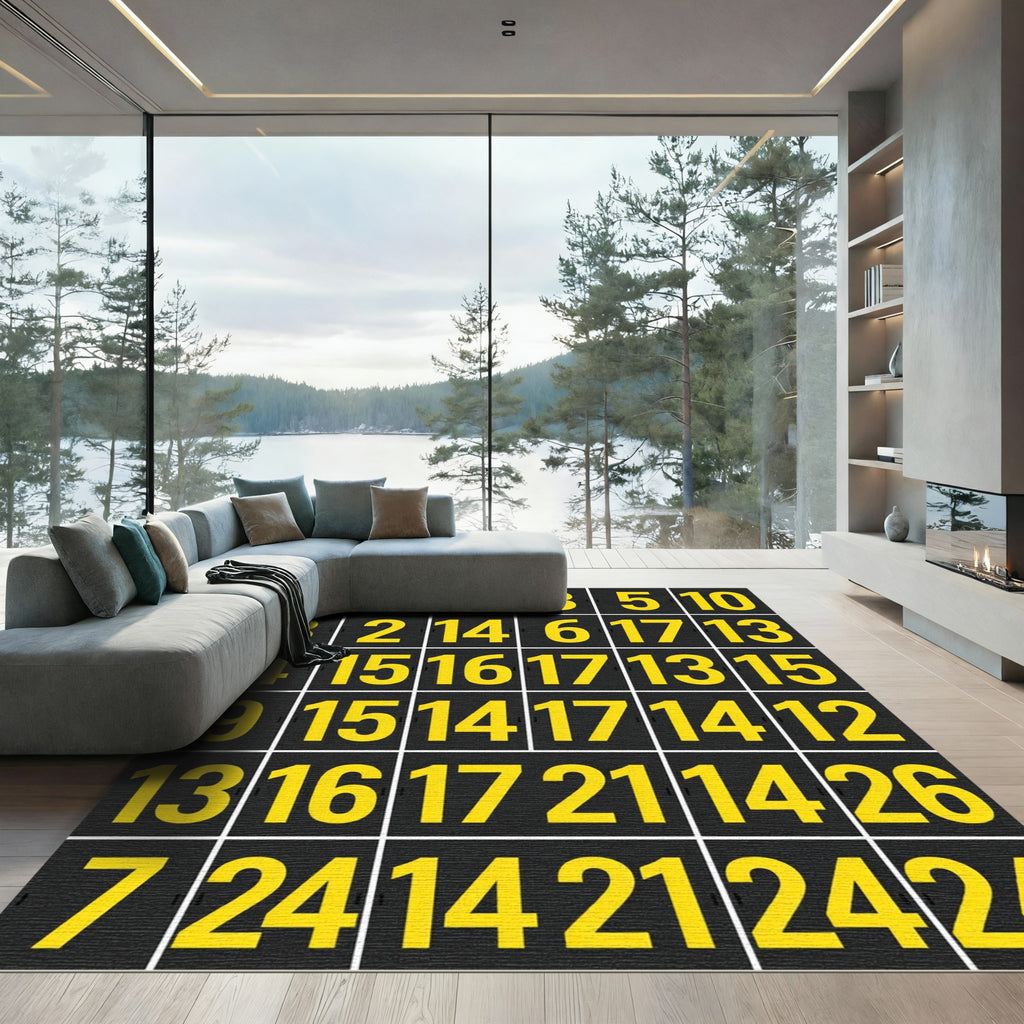 Yellow Grid Typography Number Art Rug