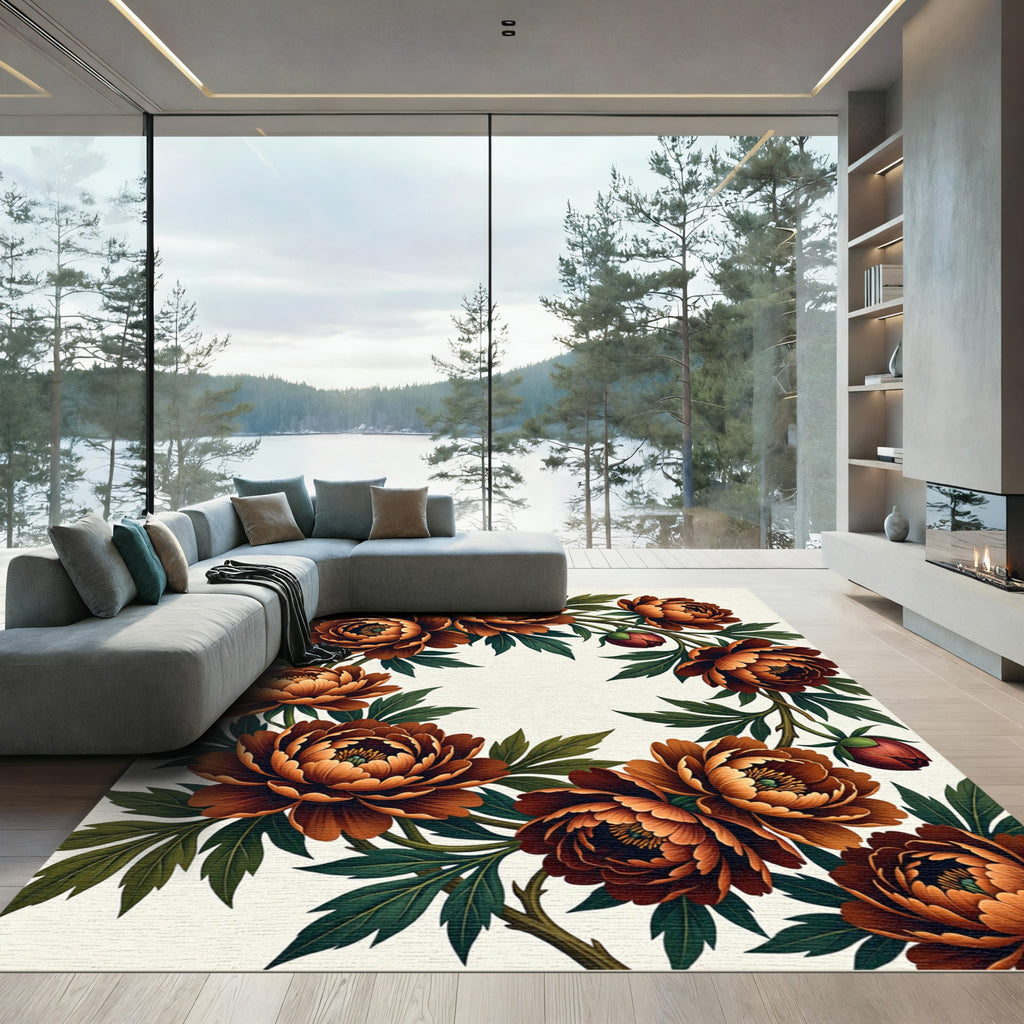Copper Peony Floral Branch Wreath Rug