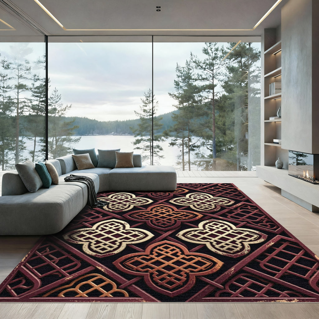 Ornate Crimson Gold Geometric Quatrefoil Rug