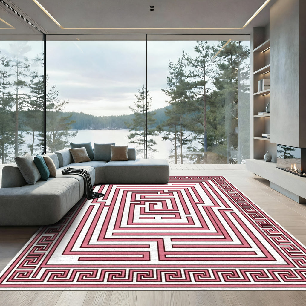 Pink Maze With Greek Key Border Rug