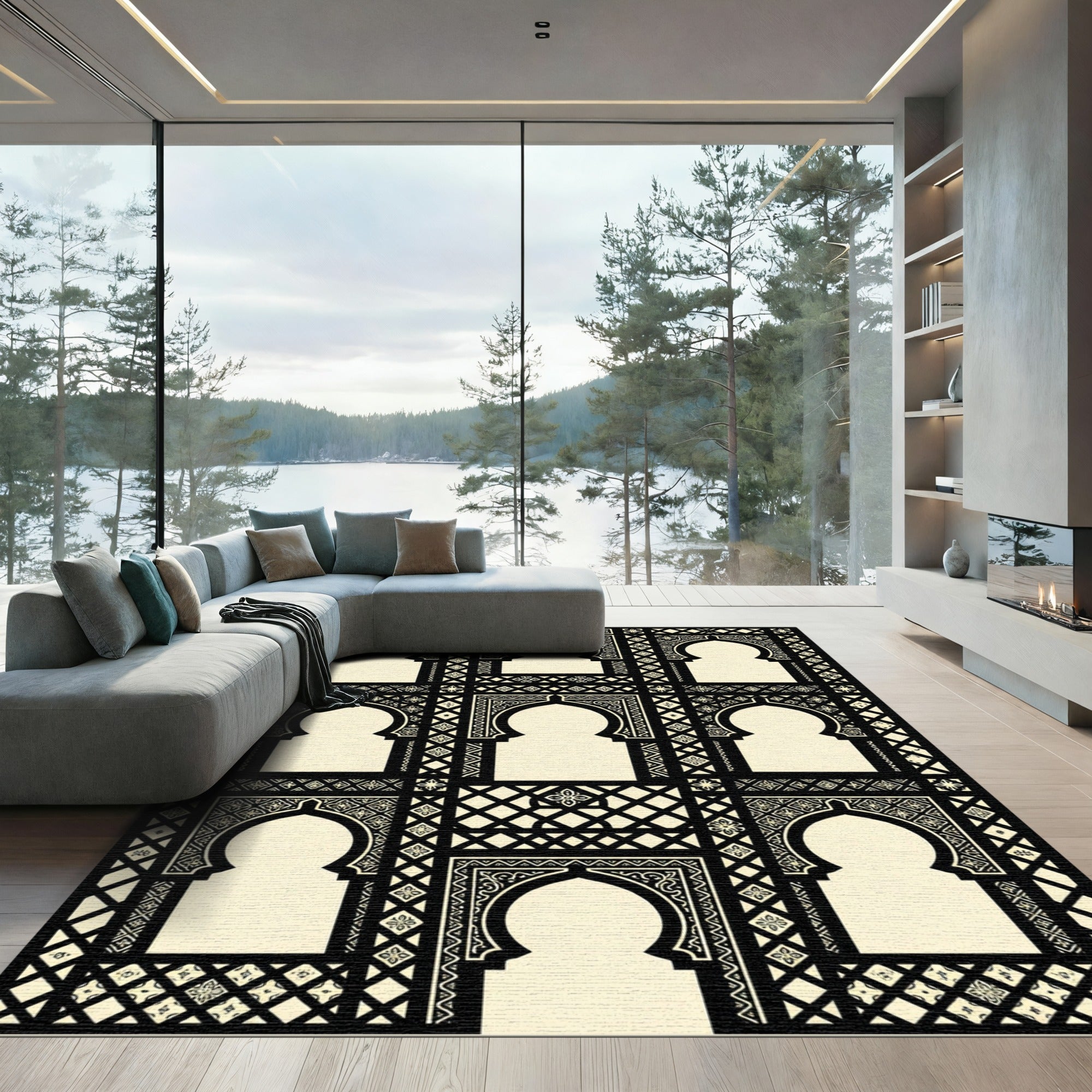 Black and Cream Geometric Arch Tapestry Rug
