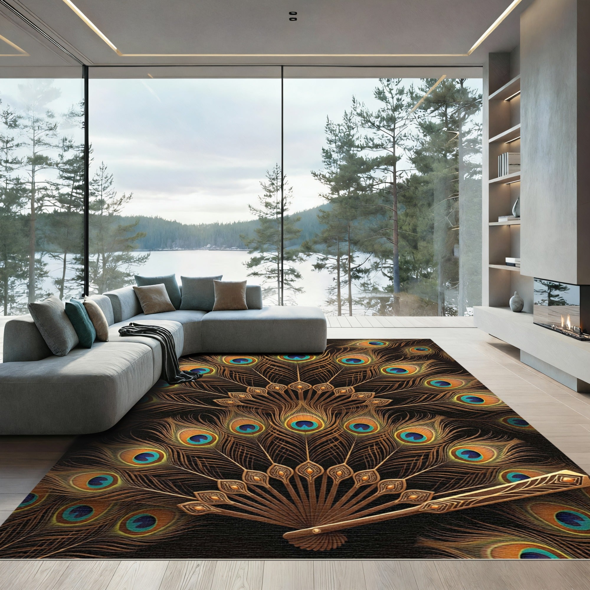 Opulent Gold Peacock Feather Spread Rug