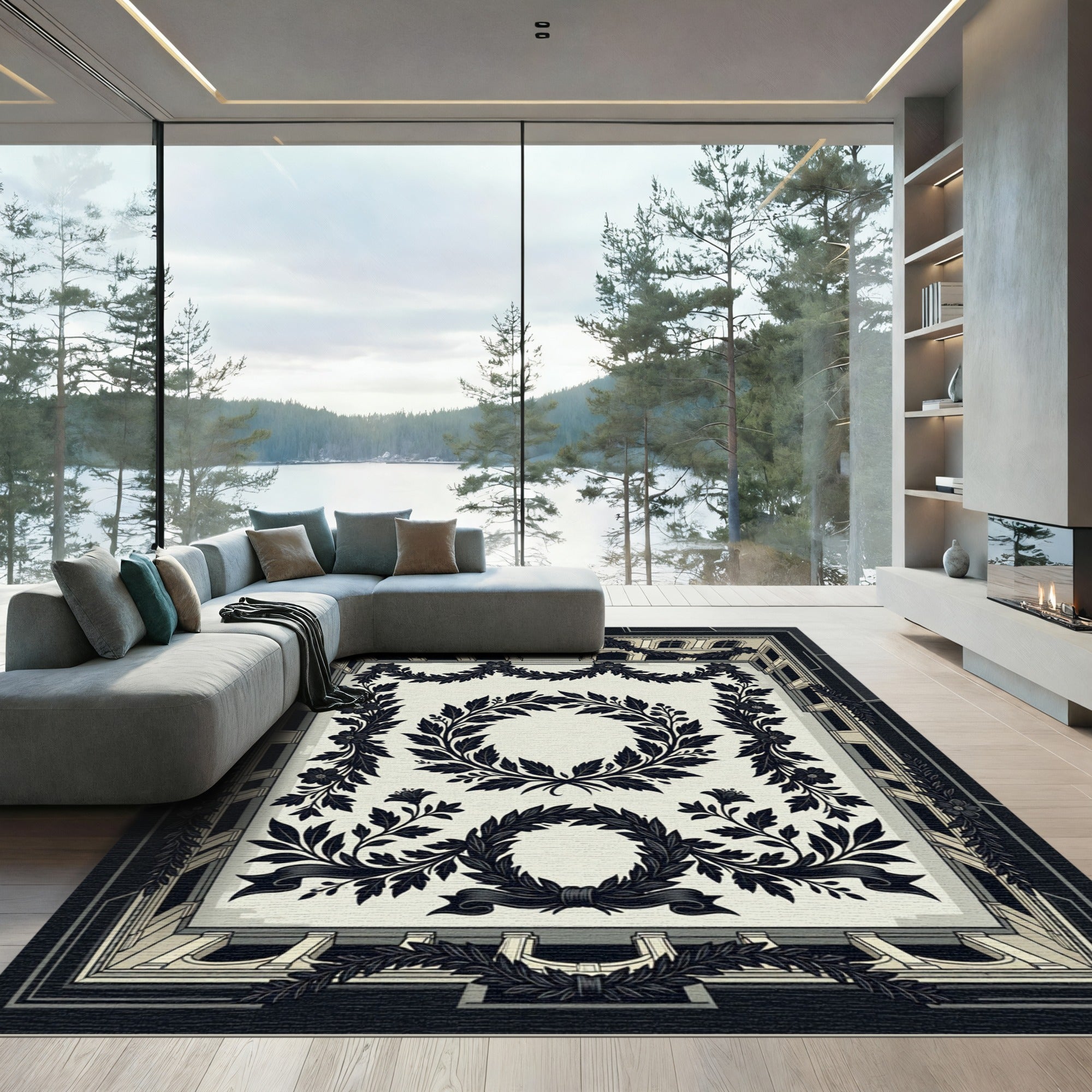 Vintage Laurel Wreath Black Cream Accent Rug